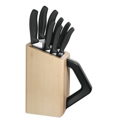 Victorinox 6.7173.8 Bloc de cuisine « universel » en bois (intérieur lanières nylon), 8 pièces inox, manche polypropylène noir