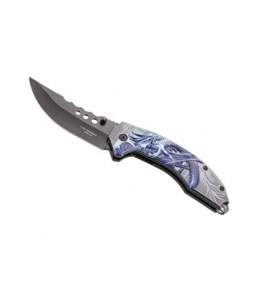 Herbertz 590511 Couteau, lame noire acier 420 à cran intérieur et à bouton double, manch 11,5 cm  aluminium  décor dragon