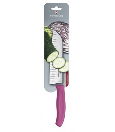 Victorinox 6.8526.17l5b Couteau Santoku, lame alvéolée 17 cm inox, manche polypropylène rose, sur carte.