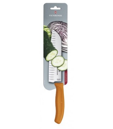 Victorinox 6.8526.17l9b Couteau Santoku, lame alvéolée 17 cm inox, manche polypropylène orange sur carte.